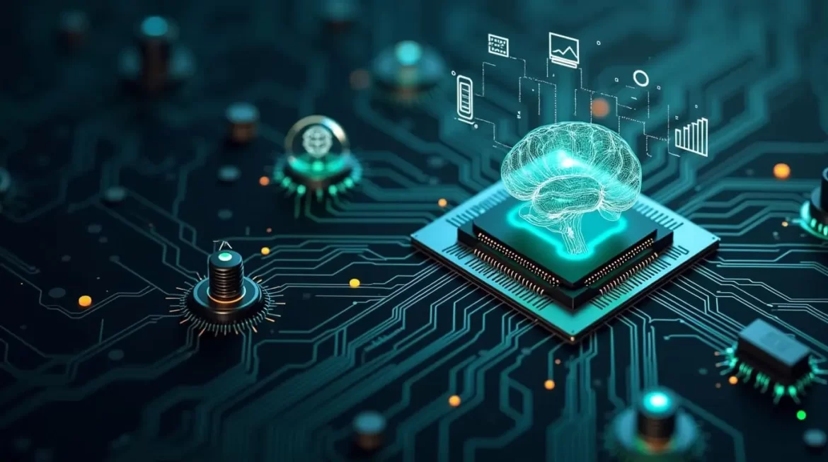 Imagem feita com IA de processador com umaprojeção de um cerebro e ao redor varias linha como uma trilha eletrônica