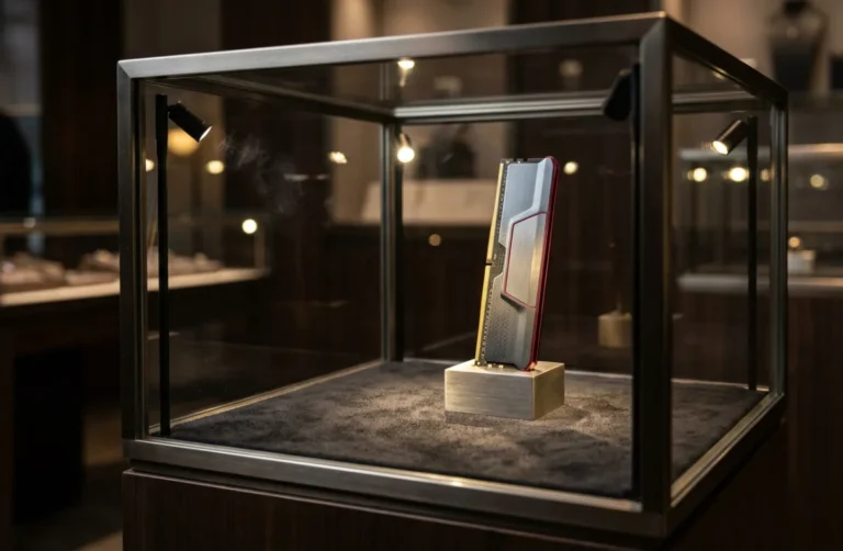 Módulo de memória RAM DDR5 exposto sobre suporte de joia dentro de vitrine de vidro iluminada em uma joalheria