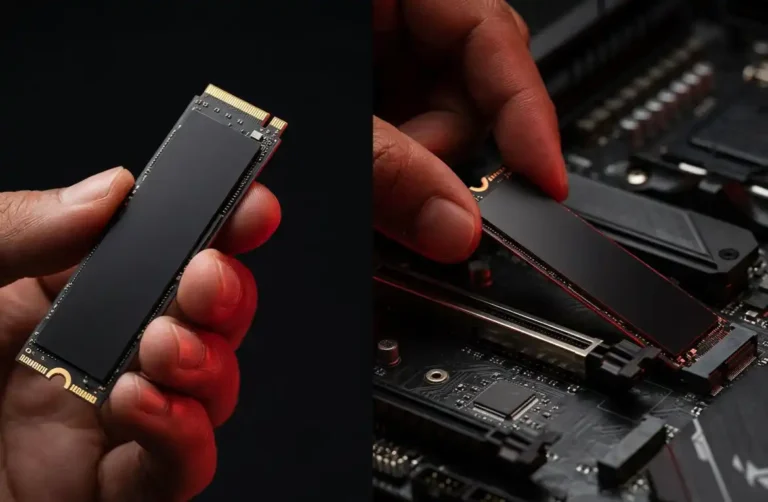 Mão esquerda segurando um SSD NVMe isolado com iluminação vermelha; mão direita encaixando o mesmo SSD em um slot M.2 de placa-mãe em estúdio profissional